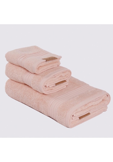 Ecocotton Venüs Pudra Çizgi Bordürlü %100 Organik Pamuk 3 Parça Havlu Seti Pudra