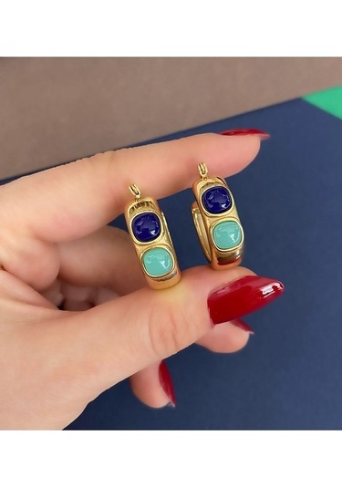 Turkuaz - Mavi Mineli Halka Gold Çelik Kararmaz Küpe Çifti Altın