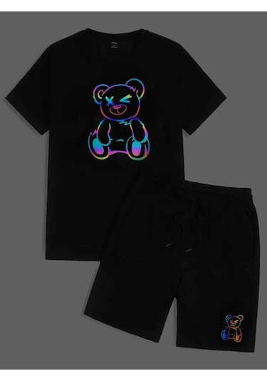 Hırsch Unisex Siyah T-shirt Siyah Şort Alt Üst Ayı Baskılı Takım Siyah