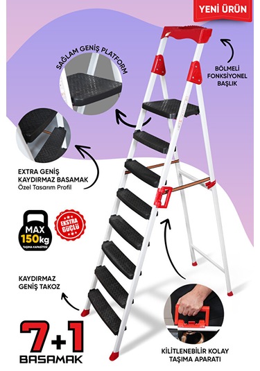 Elegance 7+1 Geniş Basamaklı Kolay Taşıma Aparatlı Merdiven Kaliteli Paslanmaz 7+1 Basamaklı