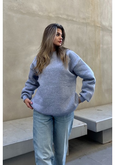 Şeker Pembe Basic Bisiklet Yaka Oversize Sweatshirt Gri