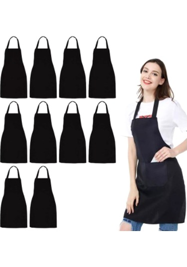 10 Paket Önlük - Unisex Siyah Önlük Toplu 2 Geniş Cepli Siyah