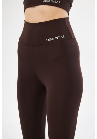 Lesa Wear Yüksek Bel Likralı Toparlayıcı Tayt Crop Takım Kahverengi