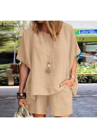 Zanzea Kadın Rahat Pamuk Kıyafetler Yaz Yarım Kollu T-shirt Ve Şort Iki Parçalı Takım Elbise Set Bej Zanzea Kadın Rahat Pamuk Kıyafetler Yaz Yarım Kollu T-shirt Ve Şort Iki Parçalı Takım Elbise Set Bej