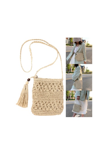 Dofolink Bej Kağıt Ip Örgü Çapraz Askılı Çanta - El Yapımı, Delikli Detaylı, Yaz Tatili Ve Plaj İçin Bej