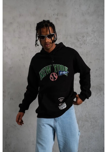 Baskılı Kapüşonlu Sweatshirt - Siyah -vlmr Siyah