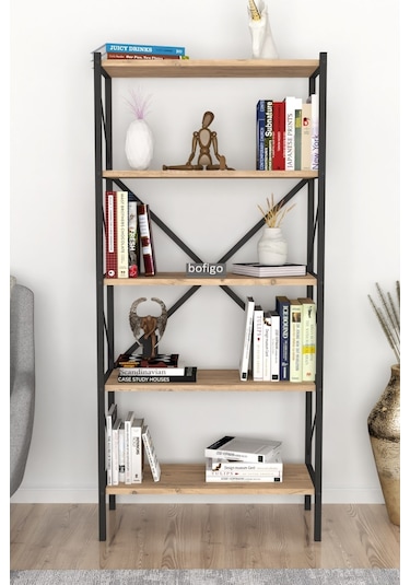 Dekoratif 5 Raflı Kitaplık Metal Kitaplık Çam