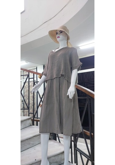 İtalyan Müslin Keteni Üstü File Bluzlu Astarlı Tek Parça Elbise Vizon
