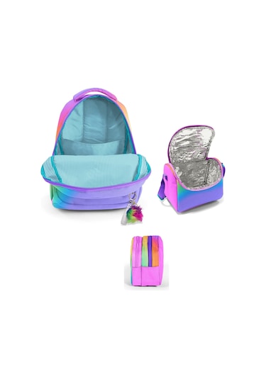 Coral High Üç Gözlü Çok Renkli Renk Geçişli Gradyan, Kız Çocuk, İlkokul Üçlü Okul Çanta Seti Çok Renkli