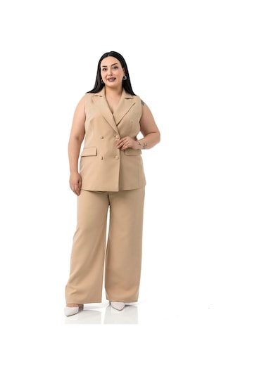 Büyük Beden Kaplama Düğmeli Yelek Pantolon Vizon İkili Takım Vizon