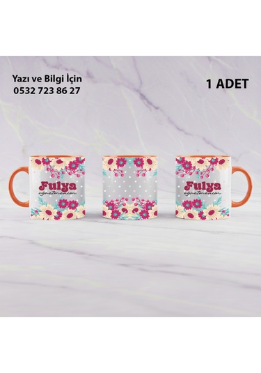 Çiçek Tasarımlı Öğretmenler Günü Hediyesi İsim Yazılı Özel Kupa Bardak -şık Görünümlü Hediyelik Turuncu