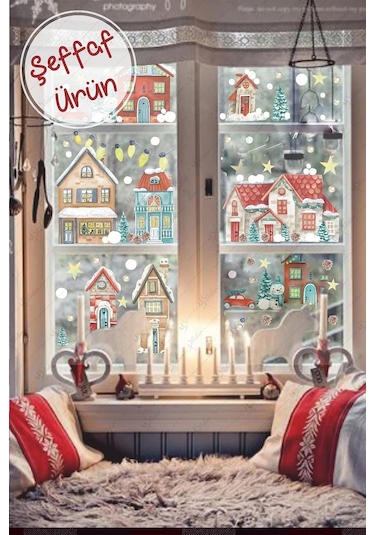 MSticker Yılbaşı Çift Yön Görünümlü Şeffaf Karlı Şehir Yeni Yıl Çocuk Bebek Odası Sticker Seti