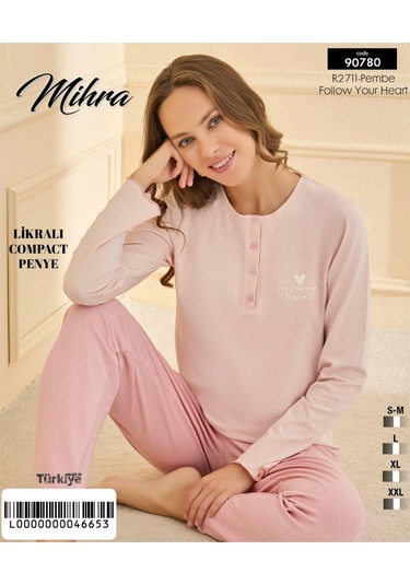 Kadın Yarı Patlı Uzun Kol Pijama Takımı Pembe