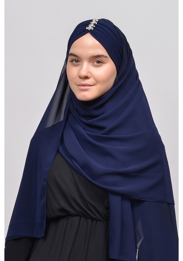 Altobeh Zarif Taşlı Drapeli Hazır Pratik Şifon Kadın Tesettür Şal - Lacivert