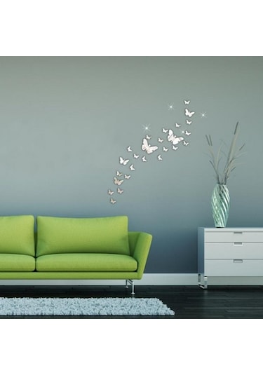 30 Adet/set Modern 3d Ayna Akrilik Kelebek Ev Dekorasyonu Kendin Yap Sanat Duvar Çıkartmaları Gümüş