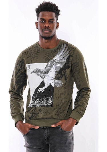 Wessi Yeşil Baskılı Taşlı Bisiklet Yaka Sweatshirt Yeşil