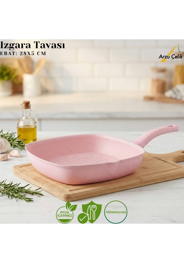 28 Cm Granit Izgara Tavası - Pembe Pembe