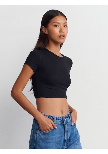 Dilvin Modal Crop Top Siyah