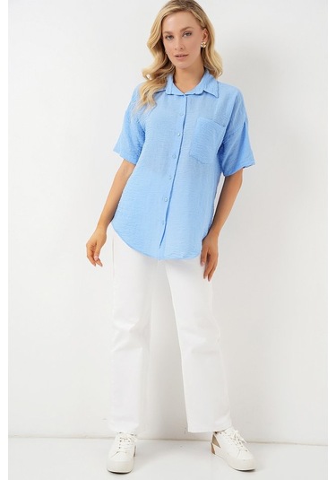 Gülsüm Aydın Kısa Kol Keten Görünümlü Gömlek 20336 - Mavi Mavi