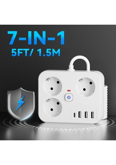 Motion003 7si 1 Arada Guc Seridi 3 Ac Cikisi 3 Usb 1 Tip C Asiri Yuk Korumasi Duvara Monte Beyaz 1524cm