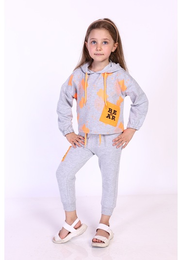 Toontoy Kız Çocuk Baskılı Eşofman Takımı Gri Melanj