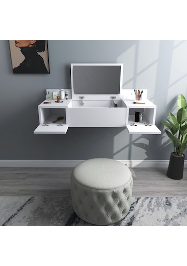 Arnetti Zakkum Aynalı 2 Raflı Dekoratif Makyaj Masası Beyaz