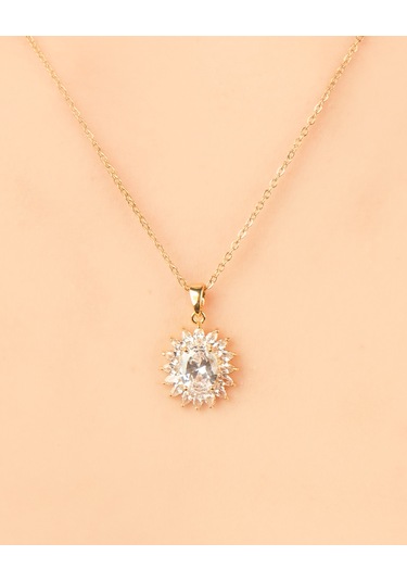 Kadın Kararmaz Çelik Takı Oval Zirkon Taşlı Abiye Kolye