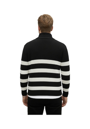 Deepsea Erkek Siyah Yarım Fermuarlı Oversize Kesim Triko Kazak Pamuklu Yumuşak Örgü Çizgili Kazak 2608513 Siyah