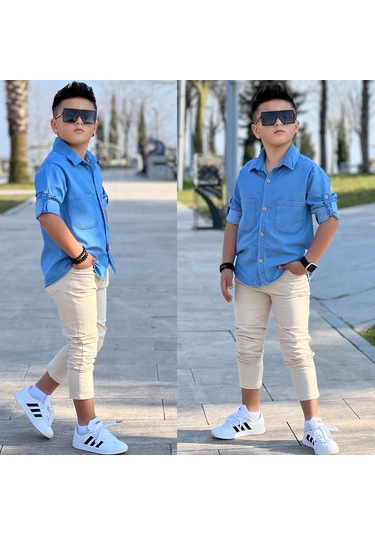 Modavals Tensel Denim Gömlek Gabardin Pantolon Erkek Çocuk Alt & Üst Takım Mavi