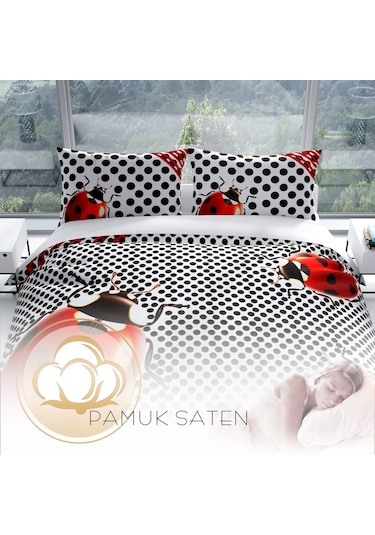 Cattleya Ladybug 3D Pamuk Saten Çift Kişilik Nevresim Takımı Çok Renkli