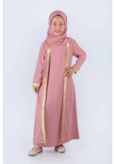 Eşarplı Ferace Medine İpek Kumaş Kız Çocuk Pembe