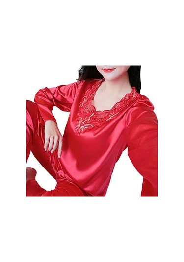 Kırmızı 2 Adet/takım Rahat Bahar Gecelik Seti V Yaka Uyku Dantel Artı Boyutu Kadın Gecelik Yatak Odası İçin Set Kırmızı