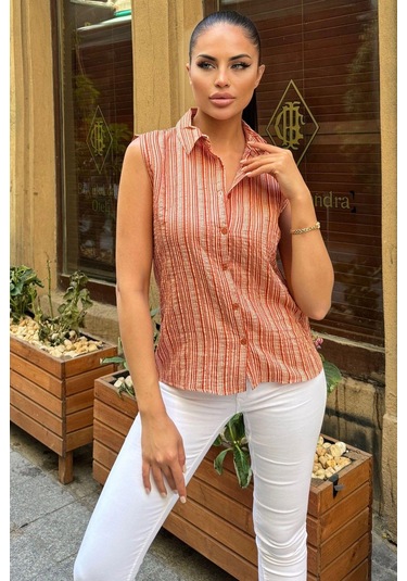 Kadın Bordo Çizgili Desen, Dokulu Bodrum Kumaş, Kolsuz Rahat Gömlek Bordo