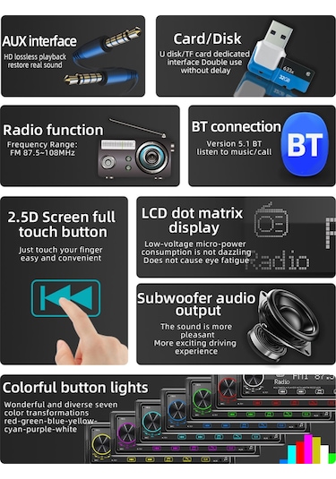 Tek Din Araba Stereo Alıcısı 1 Din Mp3 Çalar Fm Radyo Tam Dokunmatik Düğme Desteği Eller Serbest Arama Usb Şarj U-disk/tf Kart/aux-ın Uzaktan Kumandalı Bt Araç Arama Renkli Işık