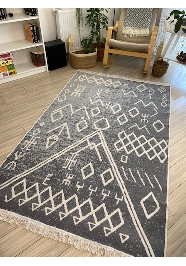 Kilim Çift Taraflı Dokuma Kilim İskandinav Kilim Gri -beyaz