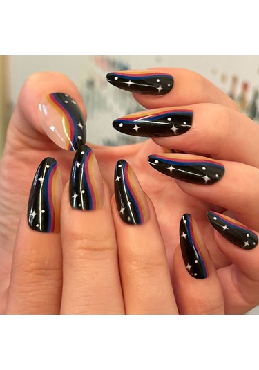 Günlük Orta Çizgili Badem Giyilebilir Tırnaklar Gökkuşağı Yıldızlı Gökyüzü Tatlı Ve Havalı Çok Yönlü Parlak Takma Tırnaklar 24 Parça Tırnak Sanatı Dahil Araçlar Ys1105