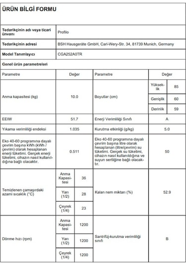 Profilo CGA252A0TR 1200 Devir 10 KG Çamaşır Makinesi