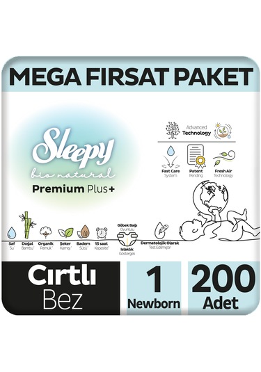 Sleepy Bio Natural Premium Plus Mega Fırsat Paketi Bebek Bezi 1 Numara Newborn 200 Adet