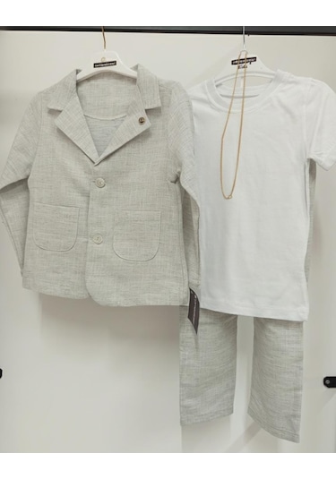 Efbey Keten Rozetli 3'lü Takım Gri