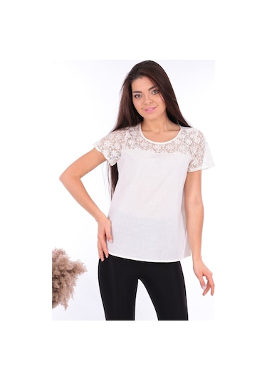 Bluz Yakası Dantel Detaylı Pamuklu Keten