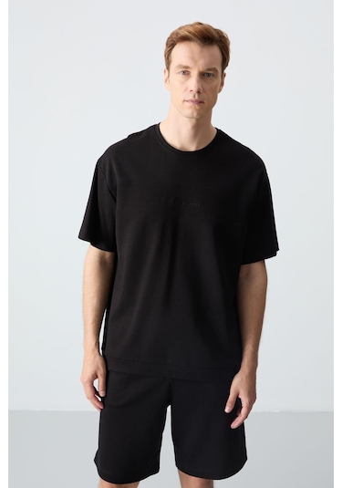 Siyah Pamuklu Kalın Yumuşak Dokulu Oversize Fit Basic Erkek Şort Takım - 85257