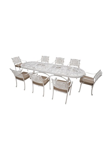 Helen 8 Kişilik Oval Döküm Bahçe Masa Takımı Rehome Beyaz