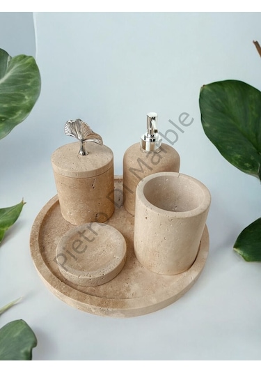 Sarı Traverten Klasik Model 5 Parça Gümüş Renk Japon Gülü Aksesuarlı Banyo Seti Sarı Traverten