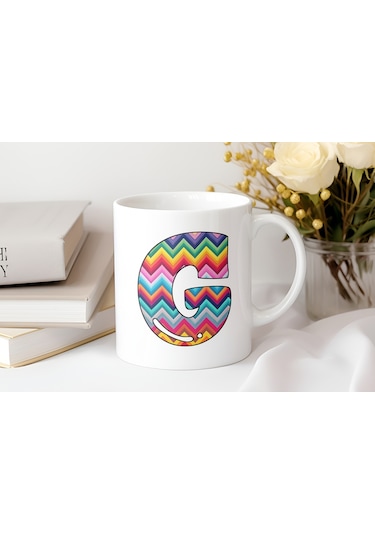 G Harfi Renkli Zigzag Desenli Kupa Bardak - Afrika Tarz Etnik Tasarım Kupa - Kişiye Özel Beyaz