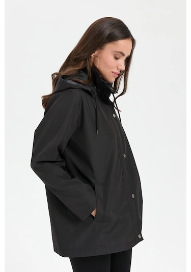 Desen Triko Kadın Kapüşonlu Yan Cepli Kısa Trençkot 24417 Siyah Siyah