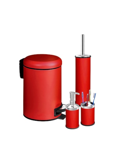 Elit Serisi 4'lü Banyo Seti Çöp Kovası Wc Fırçası Sabunluk Diş Fırçalık - Kırmızı 3 Lt'li Yavaş Kapanır Kırmızı