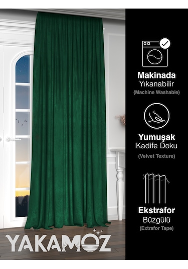 Yakamoz Kadife Görünüm Zümrüt Yeşili Ada Fon Perde Ekstraforlu Velvet Touch Serisi Zümrüt Yeşil Zümrüt