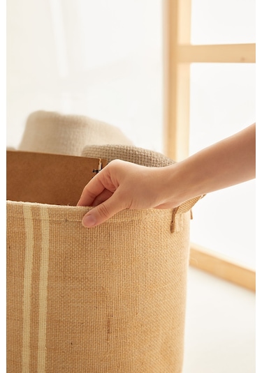 Ocean Home Textile Ağzı Büzgülü Çizgili Jüt Çamaşır Sepeti 36 x 40 cm