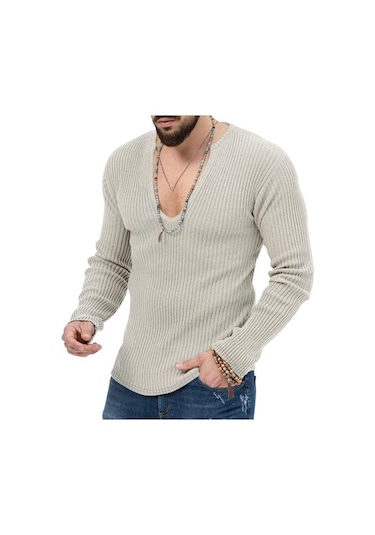 Erkek Örgü Kazak Derin V Yaka Nervürlü Uzun Kollu Düz Renk Slim Fit Yumuşak Sıcak Sonbahar Kış Rahat Erkek Kazak Üst Kazak Triko Kayısı Açık Bej