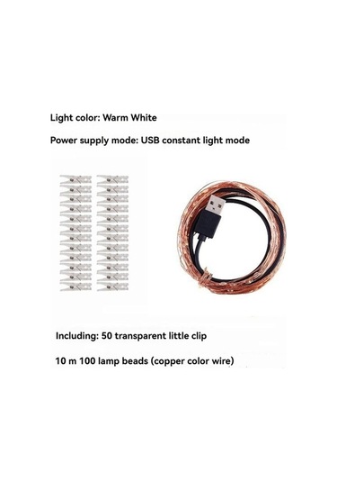 Besthome1 50 Adet Klamp + 10m 100 Led Bakır Tel Işık - Noel Dekorasyonu, Usb Beslemeli, Sıcak Beyaz, Taşınabilir Aydınlatma Beyaz
